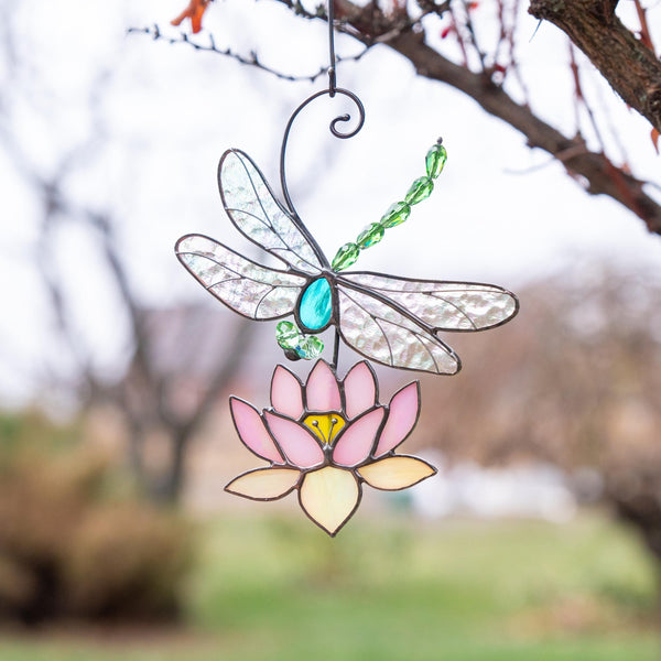 dragonfly and lotus flower Custom stained glass