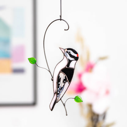 Downy woodpecker stained glass window hangings