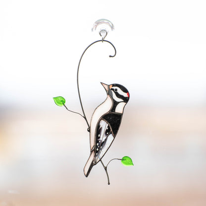 Downy woodpecker stained glass window hangings