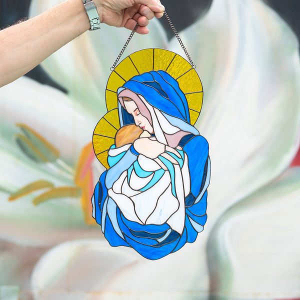 Stained Resin Madonna and Child Suncatcher – Handmade Virgin Mary Wall Hanging