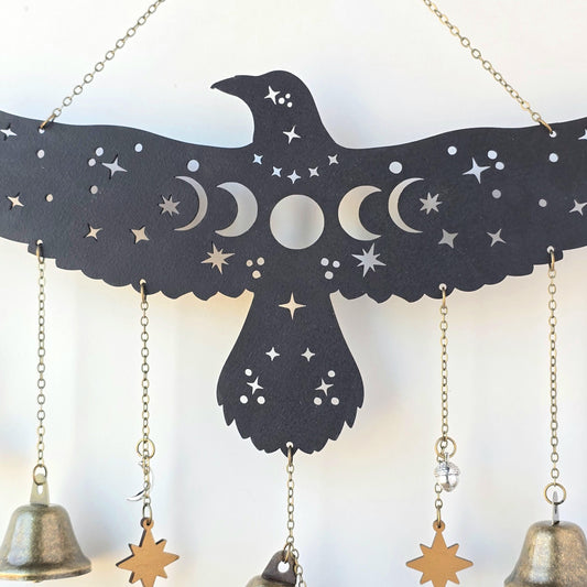 Raven Witch Bells, wood wall decor hanging