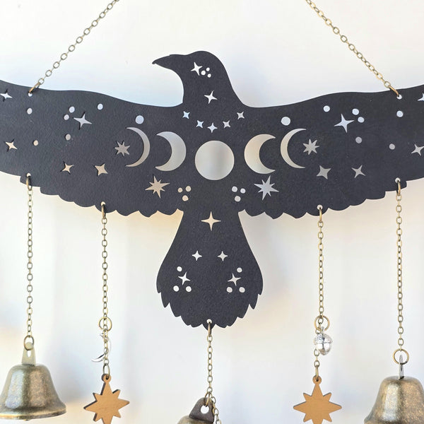 Raven Witch Bells, wood wall decor hanging