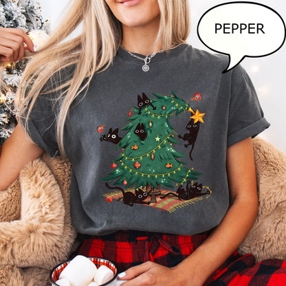 Comfort Colors Christmas Tree And Cat T-Shirt