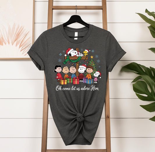 Snoopy Christmas T-Shirt: Charlie Brown, Oh Come Let Us Adore Him