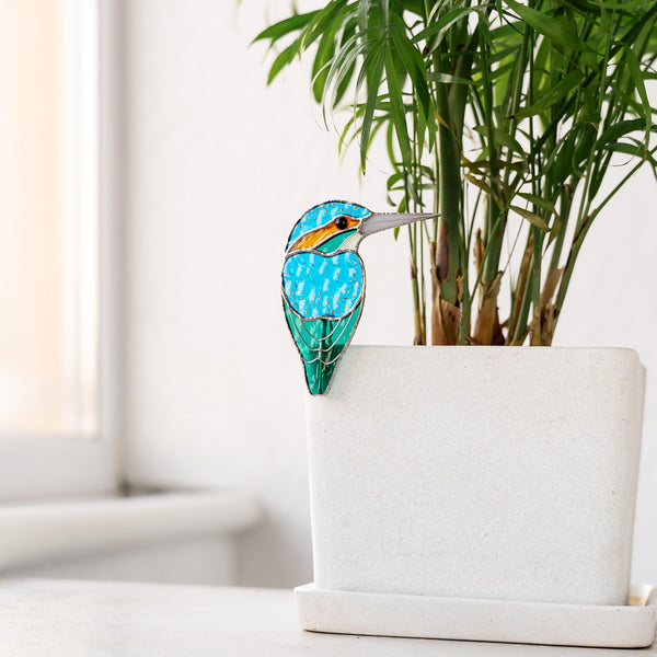 Kingfisher Bird Planter Stained Glass Decor