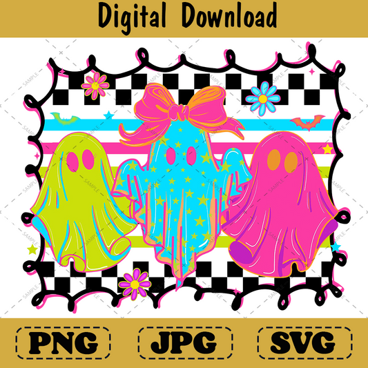 Checkered Neon Ghost Png, Coquette Halloween Shirt Sublimation
