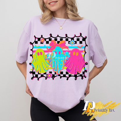 Checkered Neon Ghost Png, Coquette Halloween Shirt Sublimation