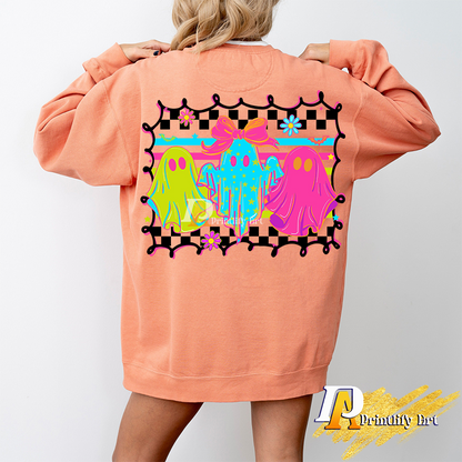 Checkered Neon Ghost Png, Coquette Halloween Shirt Sublimation