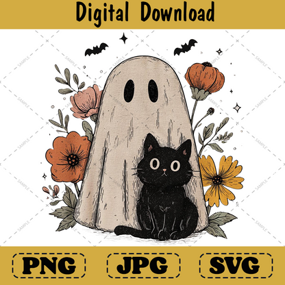 Cute Ghost and Cat Halloween Png, Retro Spooky Floral Design