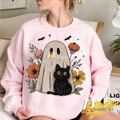 Cute Ghost and Cat Halloween Png, Retro Spooky Floral Design