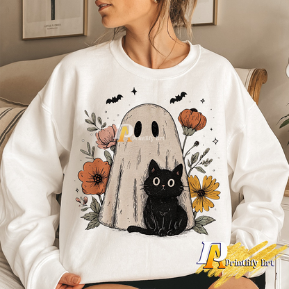 Cute Ghost and Cat Halloween Png, Retro Spooky Floral Design
