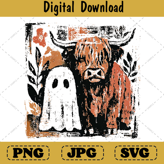 Cute Highland Cow Ghost png, Spooky Season Sublimation Design