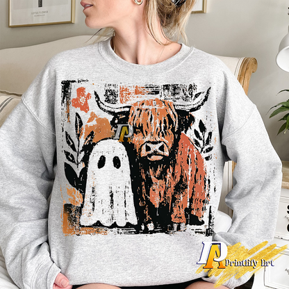 Cute Highland Cow Ghost png, Spooky Season Sublimation Design