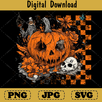 Retro Floral Pumpkin Halloween Png, Funny Preppy Checkered Design