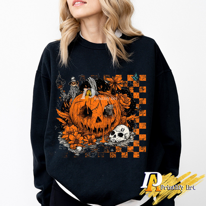 Retro Floral Pumpkin Halloween Png, Funny Preppy Checkered Design