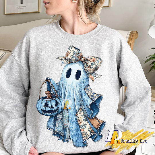 Retro Denim Ghost png, Trendy Spooky Coquette Shirt Design