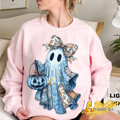 Retro Denim Ghost png, Trendy Spooky Coquette Shirt Design