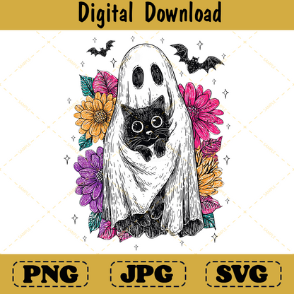 Retro Ghost and Black Cat Spooky Floral Design