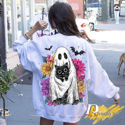 Retro Ghost and Black Cat Spooky Floral Design