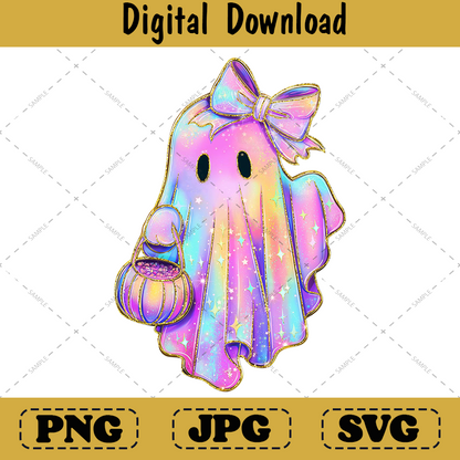 Retro Neon Ghost Png, Trendy Spooky Vibes Halloween Design