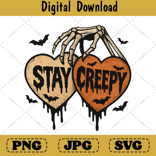 Stay Creepy Halloween Png, Retro Dripping Heart Skeleton Spooky Design
